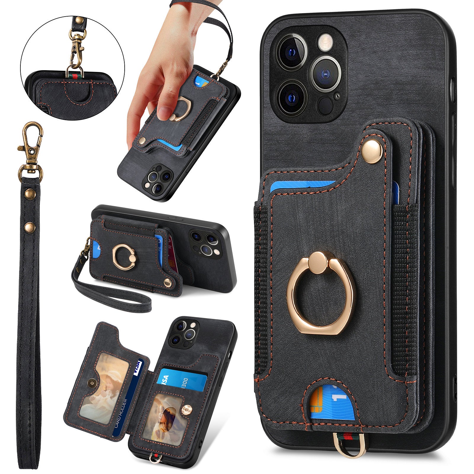 Til iPhone 12 Pro RFID-blokeringskortholder Telefonetui PU-læder PC TPU-ring Kickstand Cover Til iPhone 12 Pro RFID-blokeringskortholder Telefonetui PU-læder PC TPU-ring Kickstand Cover